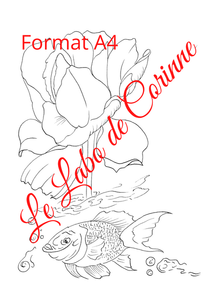 Décalcomanie chromographie céramique, sur glaçure, planche A4 émail, motif fleurs d'eau et poisson, dessins d'artiste copyright