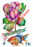 Décalcomanie chromographie céramique, sur glaçure, planche A4 émail, motif fleurs d'eau et poisson, dessins d'artiste copyright